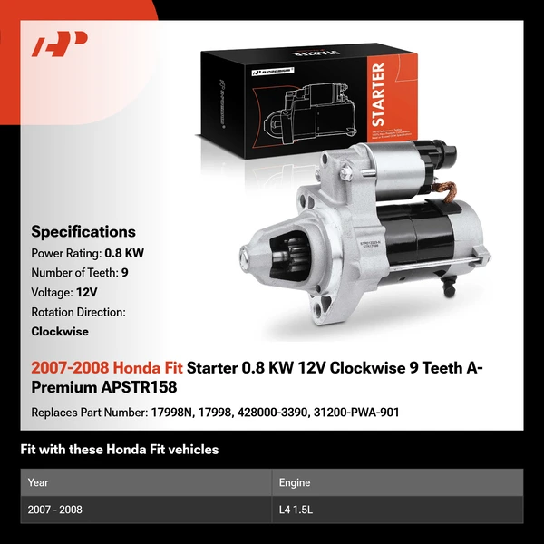 2007-2008 Honda Fit Starter 0.8 KW 12V Clockwise 9 Teeth A-Premium APSTR158