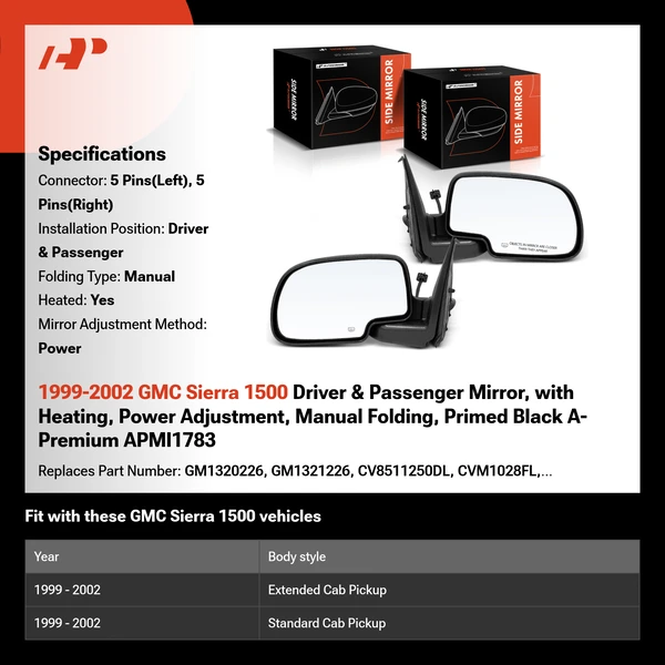 1999-2002 GMC Sierra 1500 Driver & Passenger Mirror, with Heating, Power Adjustment, Manual Folding, Primed Black A-Premium APMI1783