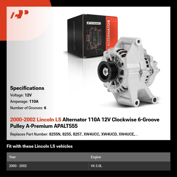 2000-2002 Lincoln LS Alternator 110A 12V Clockwise 6-Groove Pulley A-Premium APALT555