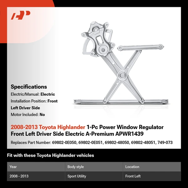 2008-2013 Toyota Highlander 1-Pc Power Window Regulator Front Left Driver Side Electric A-Premium APWR1439