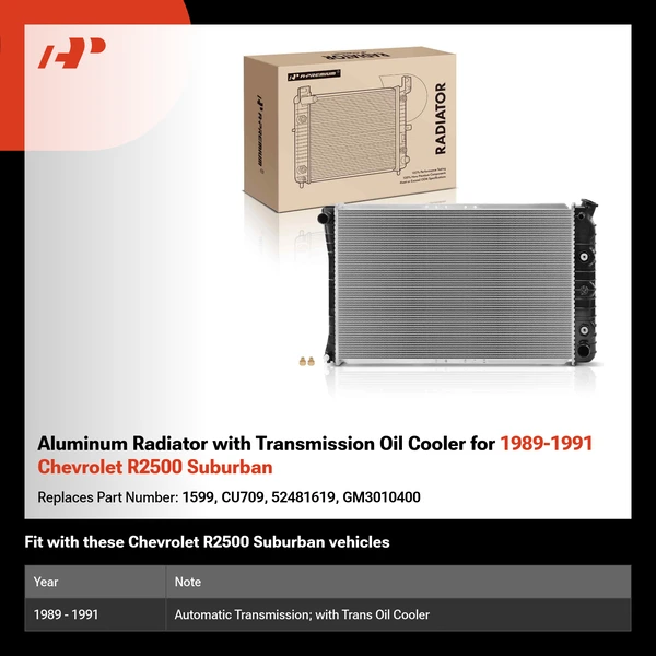 Aluminum Radiator with Transmission Oil Cooler for 1989-1991 Chevrolet R2500 Suburban