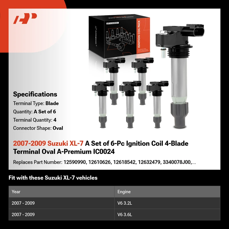 2007-2009 Suzuki XL-7 A Set of 6-Pc Ignition Coil 4-Blade Terminal Oval A-Premium IC0024