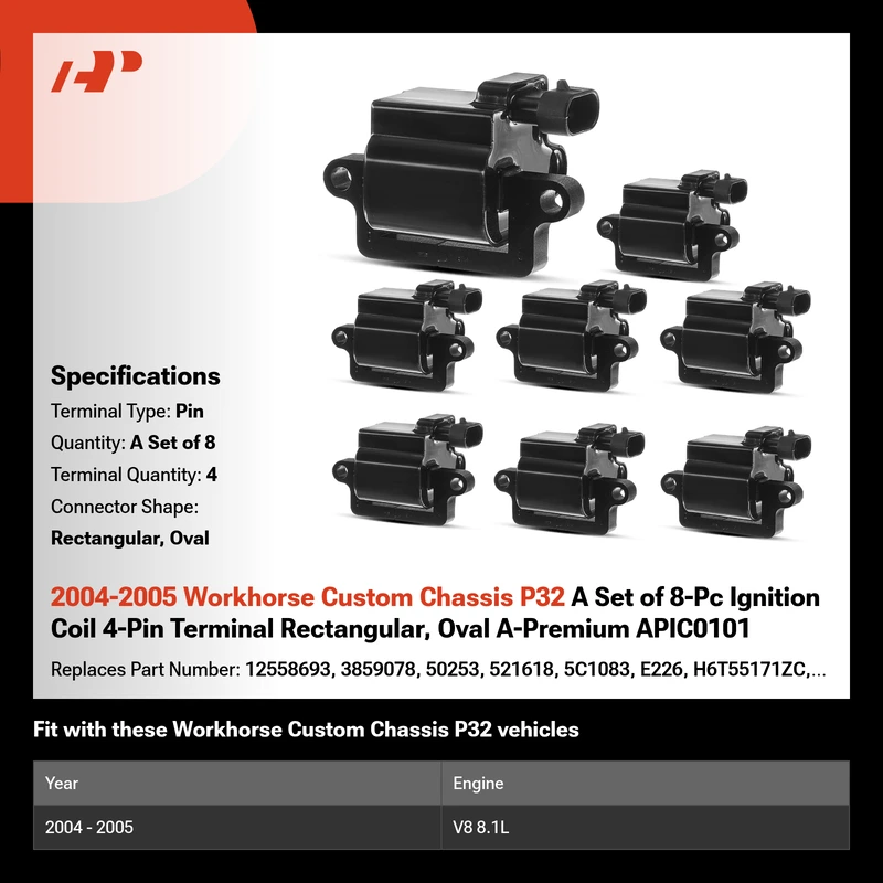 2004-2005 Workhorse Custom Chassis P32 A Set of 8-Pc Ignition Coil 4-Pin Terminal Rectangular, Oval A-Premium APIC0101
