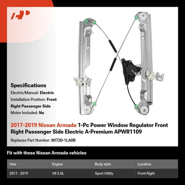 2017-2019 Nissan Armada 1-Pc Power Window Regulator Front Right Passenger Side Electric A-Premium APWR1109