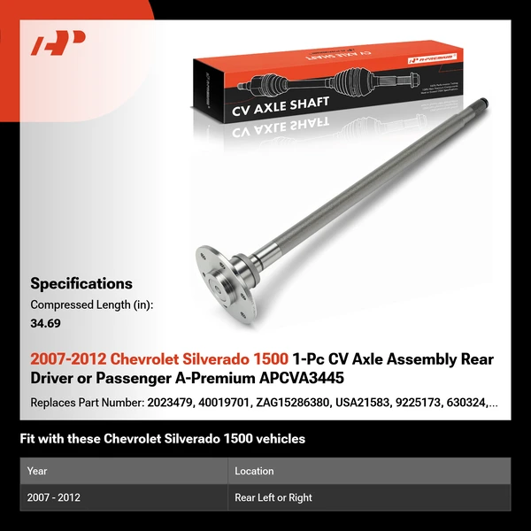 2007-2012 Chevrolet Silverado 1500 1-Pc CV Axle Assembly Rear Driver or Passenger A-Premium APCVA3445