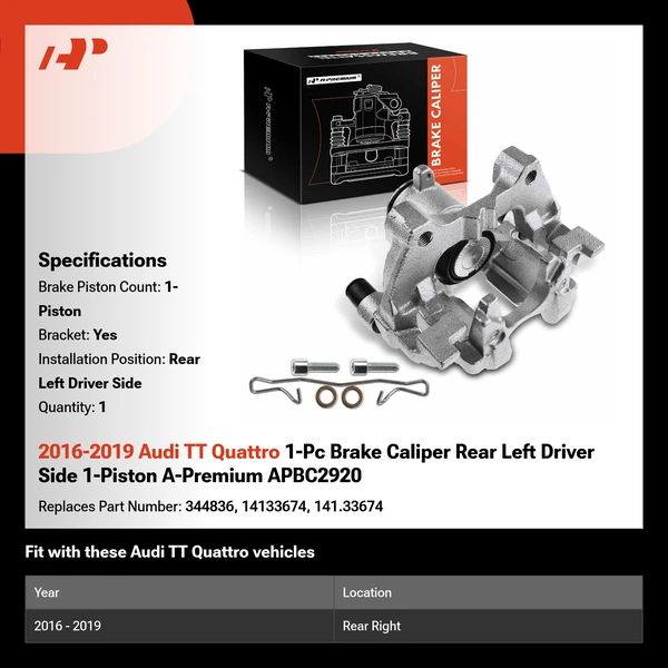 2016-2019 Audi TT Quattro 1-Pc Brake Caliper Rear Left Driver Side 1-Piston A-Premium APBC2920