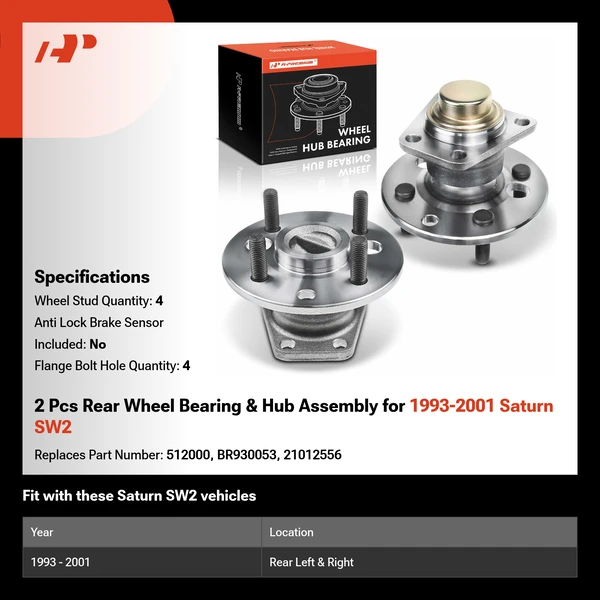 2 Pcs Rear Wheel Bearing & Hub Assembly for 1993-2001 Saturn SW2