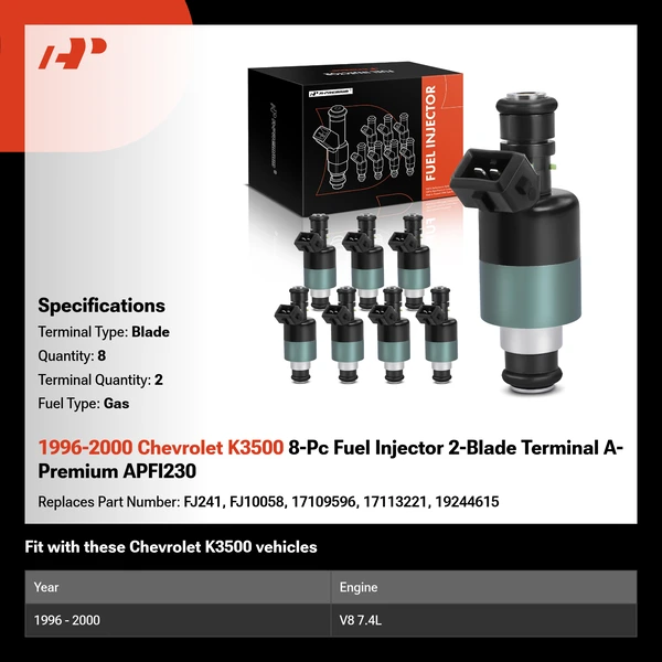 1996-2000 Chevrolet K3500 8-Pc Fuel Injector 2-Blade Terminal A-Premium APFI230