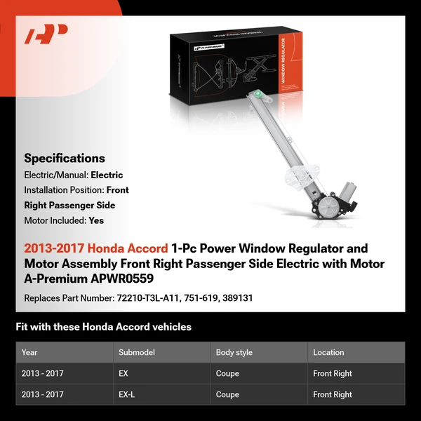 2013-2017 Honda Accord 1-Pc Power Window Regulator and Motor Assembly Front Right Passenger Side Electric with Motor A-Premium APWR0559