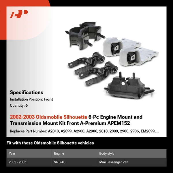 2002-2003 Oldsmobile Silhouette 6-Pc Engine Mount and Transmission Mount Kit Front A-Premium APEM152