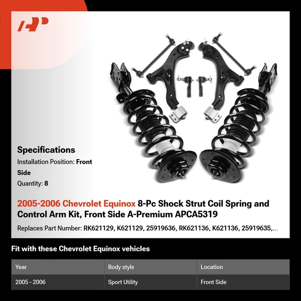 2005-2006 Chevrolet Equinox 8-Pc Shock Strut Coil Spring and Control Arm Kit, Front Side A-Premium APCA5319