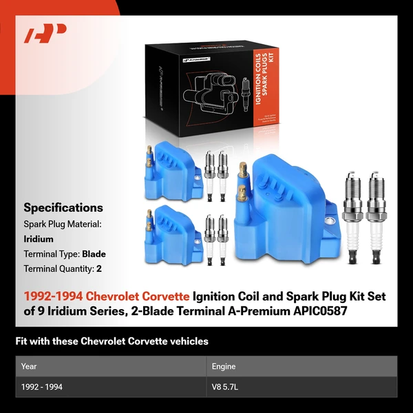 1992-1994 Chevrolet Corvette Ignition Coil and Spark Plug Kit Set of 9 Iridium Series, 2-Blade Terminal A-Premium APIC0587