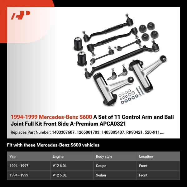 1994-1999 Mercedes-Benz S600 A Set of 11 Control Arm and Ball Joint Full Kit Front Side A-Premium APCA0321