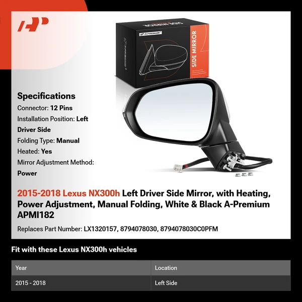2015-2018 Lexus NX300h Left Driver Side Mirror, with Heating, Power Adjustment, Manual Folding, White & Black A-Premium APMI182