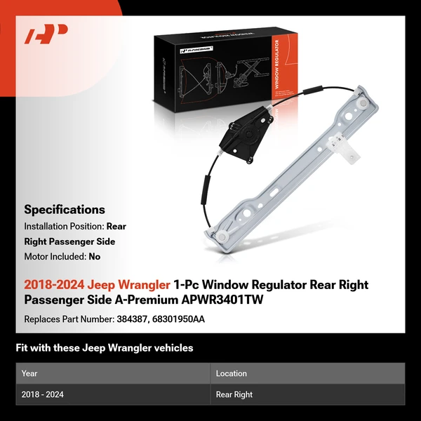 2018-2024 Jeep Wrangler 1-Pc Window Regulator Rear Right Passenger Side A-Premium APWR3401TW