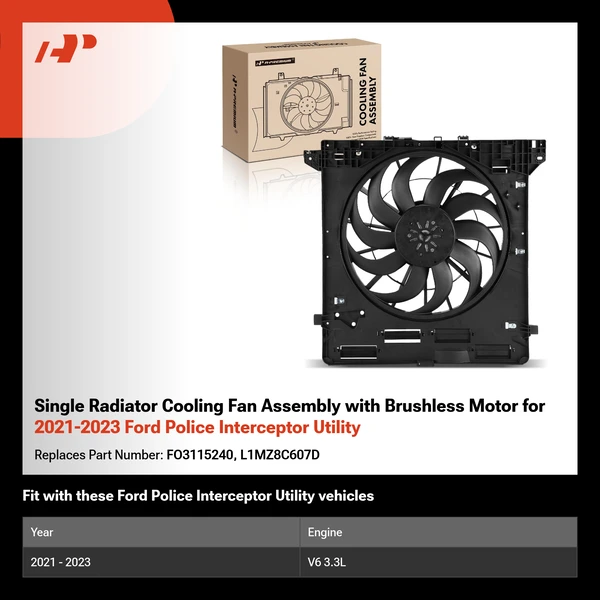 Single Radiator Cooling Fan Assembly with Brushless Motor for 2021-2023 Ford Police Interceptor Utility