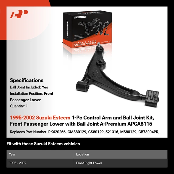 1995-2002 Suzuki Esteem 1-Pc Control Arm and Ball Joint Kit, Front Passenger Lower with Ball Joint A-Premium APCA8115