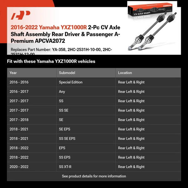 2016-2022 Yamaha YXZ1000R 2-Pc CV Axle Shaft Assembly Rear Driver & Passenger A-Premium APCVA2072
