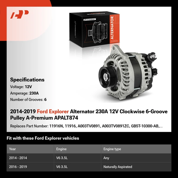 2014-2019 Ford Explorer Alternator 230A 12V Clockwise 6-Groove Pulley A-Premium APALT874