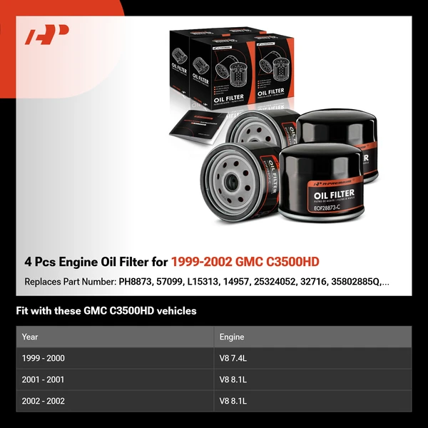 4 Pcs Engine Oil Filter for 1999-2002 GMC C3500HD
