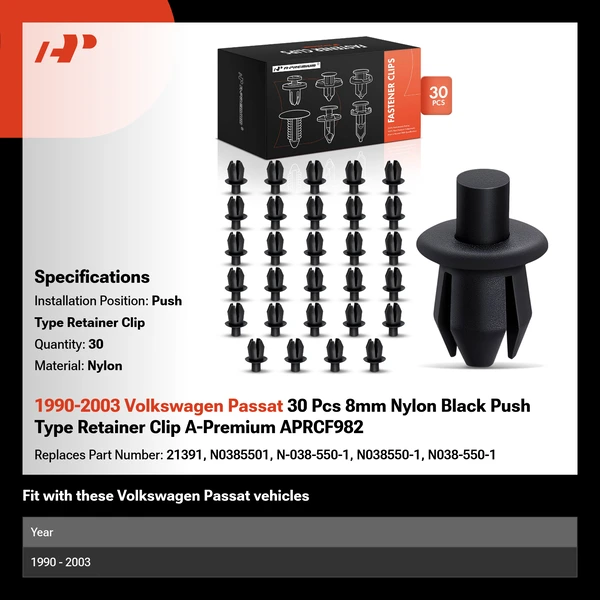 1990-2003 Volkswagen Passat 30 Pcs 8mm Nylon Black Push Type Retainer Clip A-Premium APRCF982
