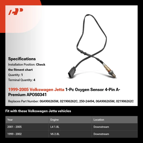 1999-2005 Volkswagen Jetta 1-Pc Oxygen Sensor 4-Pin A-Premium APOS0341