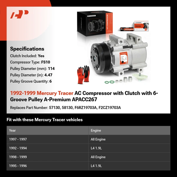 1992-1999 Mercury Tracer AC Compressor with Clutch with 6-Groove Pulley A-Premium APACC267