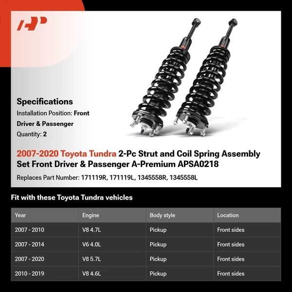 2007-2020 Toyota Tundra 2-Pc Strut and Coil Spring Assembly Set Front Driver & Passenger A-Premium APSA0218