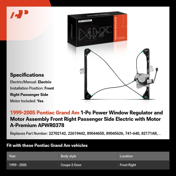 1999-2005 Pontiac Grand Am 1-Pc Power Window Regulator and Motor Assembly Front Right Passenger Side Electric with Motor A-Premium APWR0378