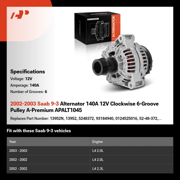 2002-2003 Saab 9-3 Alternator 140A 12V Clockwise 6-Groove Pulley A-Premium APALT1045