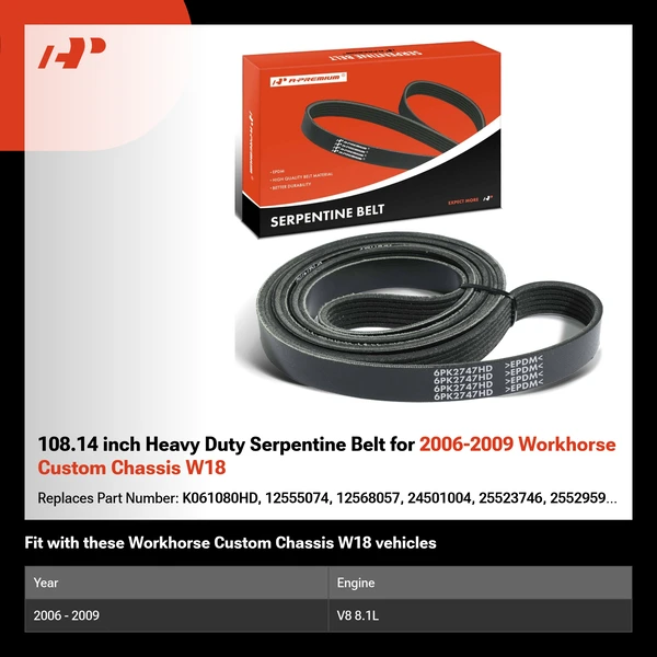 108.14 inch Heavy Duty Serpentine Belt for 2006-2009 Workhorse Custom Chassis W18