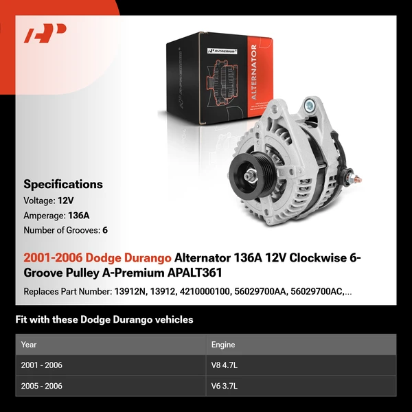 2001-2006 Dodge Durango Alternator 136A 12V Clockwise 6-Groove Pulley A-Premium APALT361