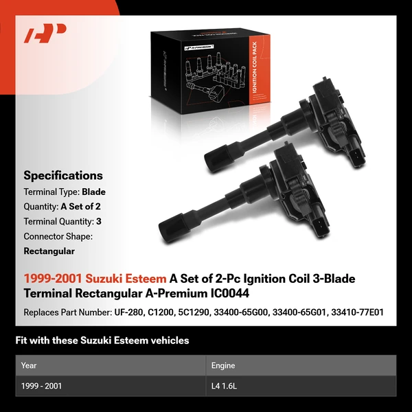 1999-2001 Suzuki Esteem A Set of 2-Pc Ignition Coil 3-Blade Terminal Rectangular A-Premium IC0044