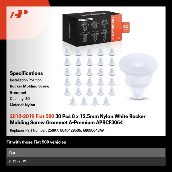 2012-2019 Fiat 500 30 Pcs 8 x 12.5mm Nylon White Rocker Molding Screw Grommet A-Premium APRCF3064