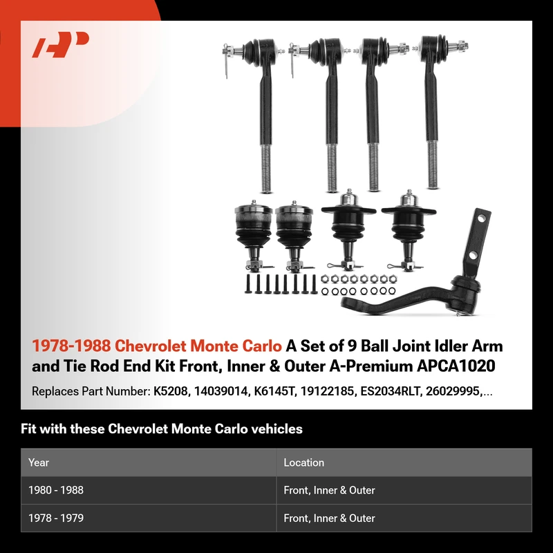 1978-1988 Chevrolet Monte Carlo A Set of 9 Ball Joint Idler Arm and Tie Rod End Kit Front, Inner & Outer A-Premium APCA1020