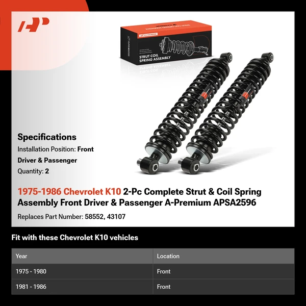 1975-1986 Chevrolet K10 2-Pc Complete Strut & Coil Spring Assembly Front Driver & Passenger A-Premium APSA2596