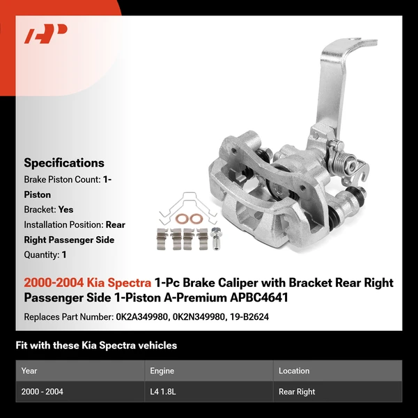 2000-2004 Kia Spectra 1-Pc Brake Caliper with Bracket Rear Right Passenger Side 1-Piston A-Premium APBC4641