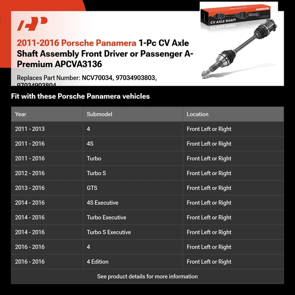 2011-2016 Porsche Panamera 1-Pc CV Axle Shaft Assembly Front Driver or Passenger A-Premium APCVA3136