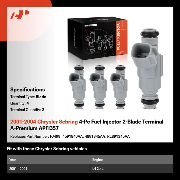 2001-2004 Chrysler Sebring 4-Pc Fuel Injector 2-Blade Terminal A-Premium APFI357
