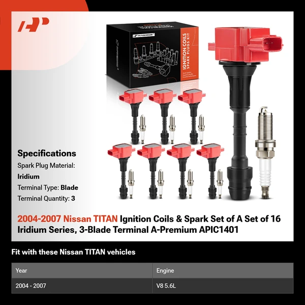 2004-2007 Nissan TITAN Ignition Coils & Spark Set of A Set of 16 Iridium Series, 3-Blade Terminal A-Premium APIC1401