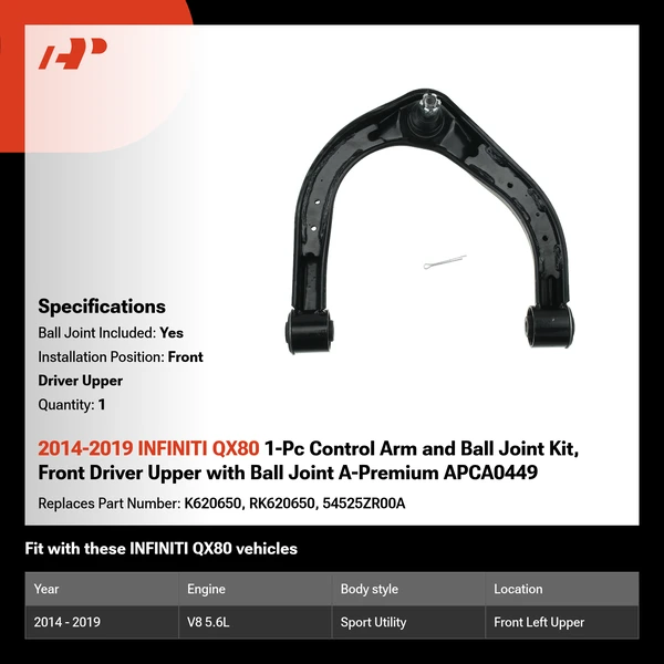 2014-2019 INFINITI QX80 1-Pc Control Arm and Ball Joint Kit, Front Driver Upper with Ball Joint A-Premium APCA0449