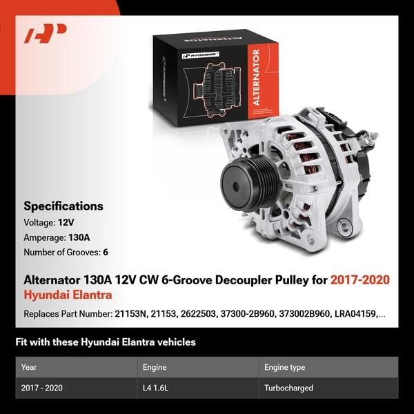 Alternator 130A 12V CW 6-Groove Decoupler Pulley for 2017-2020 Hyundai Elantra