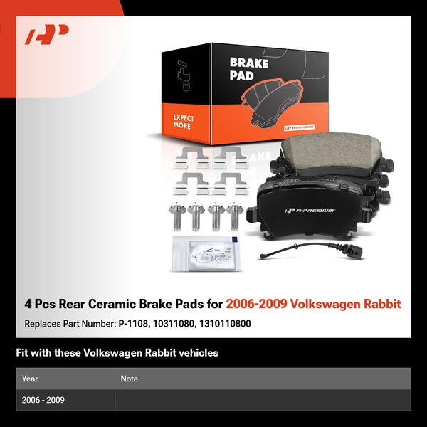 4 Pcs Rear Ceramic Brake Pads for 2006-2009 Volkswagen Rabbit