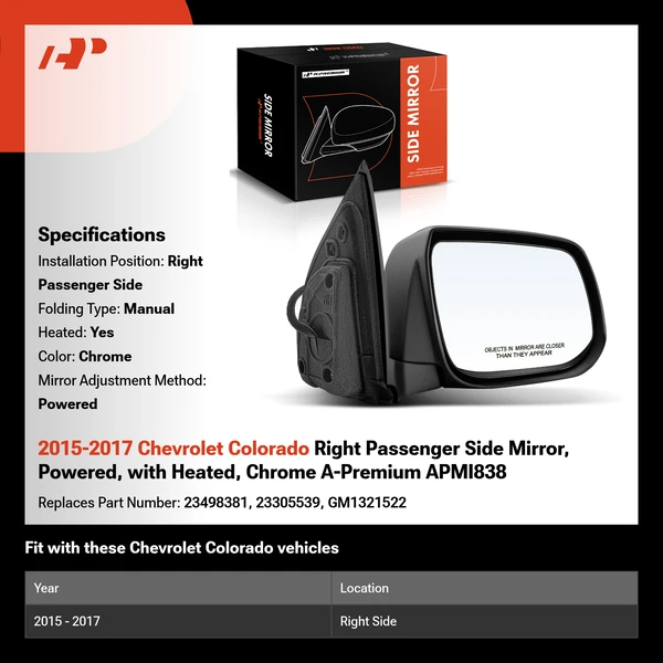 2015-2017 Chevrolet Colorado Right Passenger Side Mirror, Powered, with Heated, Chrome A-Premium APMI838