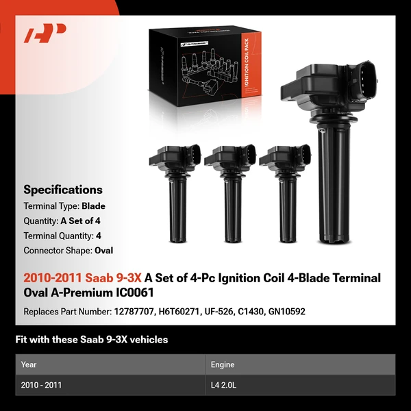 2010-2011 Saab 9-3X A Set of 4-Pc Ignition Coil 4-Blade Terminal Oval A-Premium IC0061