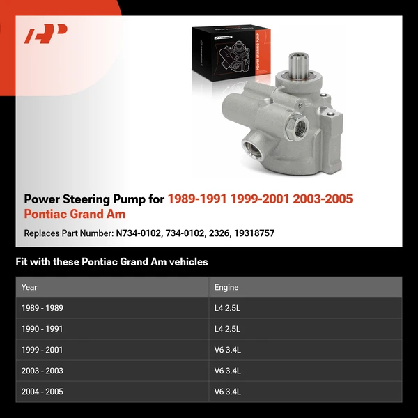 Power Steering Pump for 1989-1991 1999-2001 2003-2005 Pontiac Grand Am
