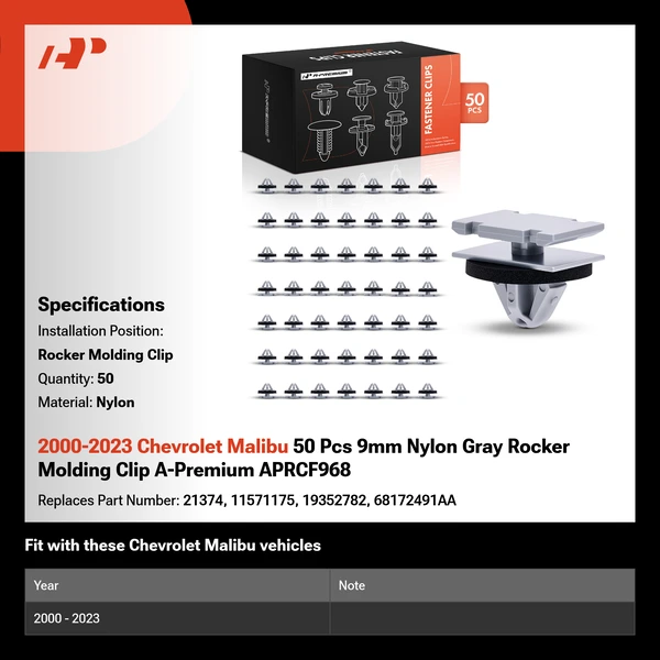 2000-2023 Chevrolet Malibu 50 Pcs 9mm Nylon Gray Rocker Molding Clip A-Premium APRCF968