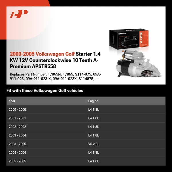 2000-2005 Volkswagen Golf Starter 1.4 KW 12V Counterclockwise 10 Teeth A-Premium APSTR558