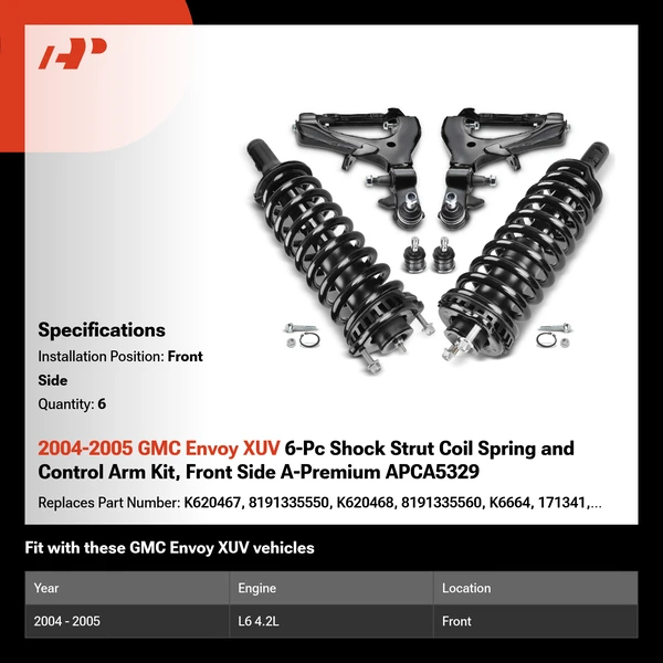 2004-2005 GMC Envoy XUV 6-Pc Shock Strut Coil Spring and Control Arm Kit, Front Side A-Premium APCA5329