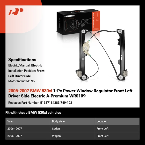 2006-2007 BMW 530xi 1-Pc Power Window Regulator Front Left Driver Side Electric A-Premium WR0109